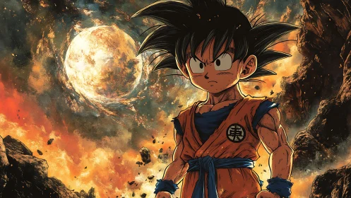 Planetary blast zone with resolute anime warrior stance.