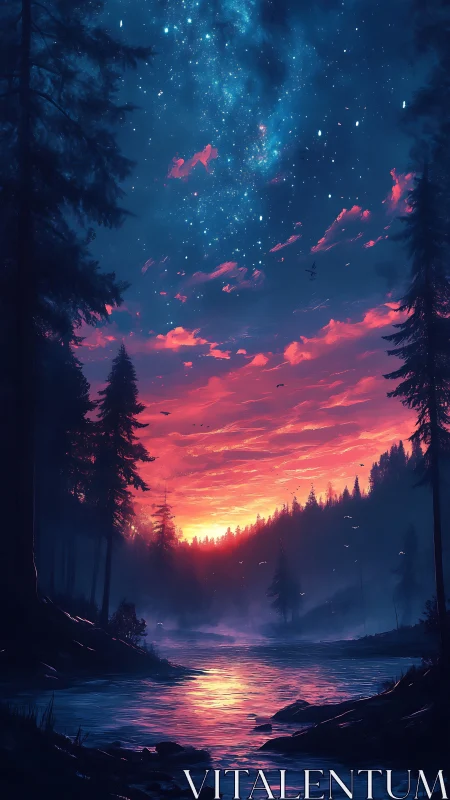 Spectral riverine forest under nebular dusk gradient sky.