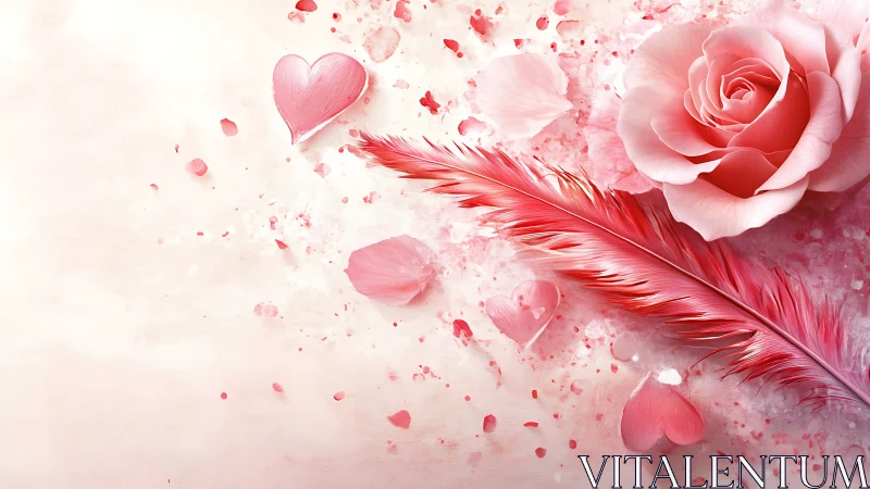 Pink Rose with Heart and Feather Romantic Illustration