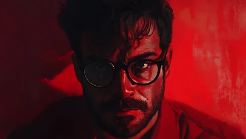 Bold red portrait captures intense gaze and quiet strength