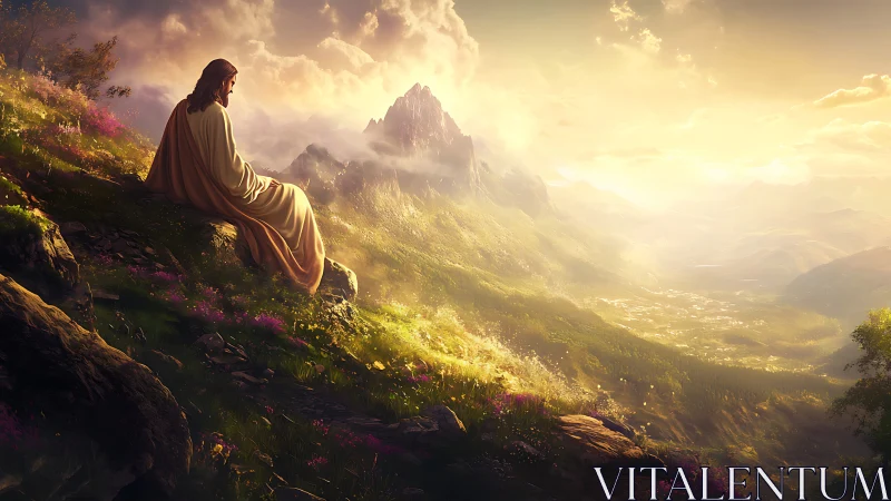 Figure in robes viewing sunlit mountain valley landscape.