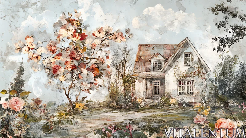Watercolor cottage with blooming garden and airy floral groundplane.