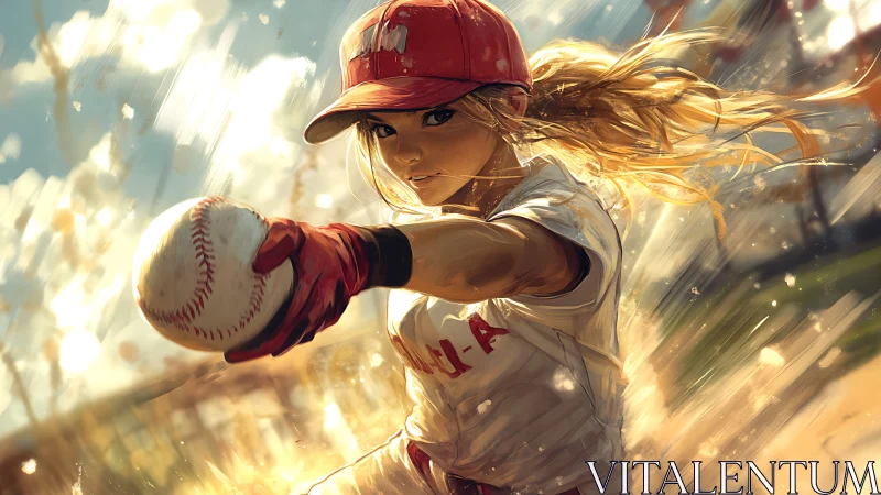 Dynamic softball pitcher winds up in golden afternoon light.