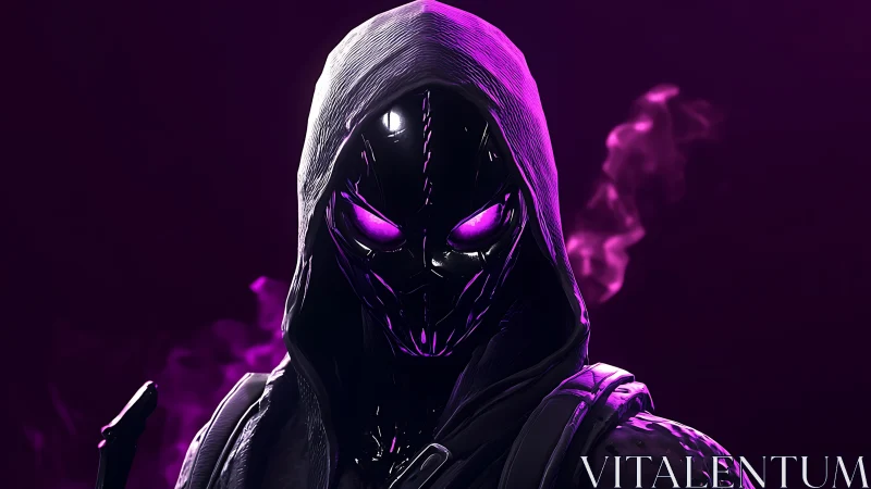 Hooded black armored figure with glowing purple eyes portrait.