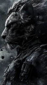 Battle-hardened lion warrior gazes ahead with fierce resolve