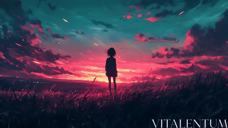 Silhouetted figure in field under vivid digital sunset sky.