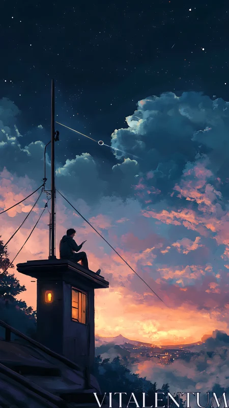Rooftop dreamer texts the sky while twilight quietly burns