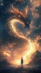 Luminous cosmic fire dragon confronting lone human wanderer