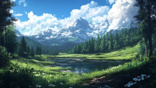 Snow-capped mountain range above forested lake landscape.