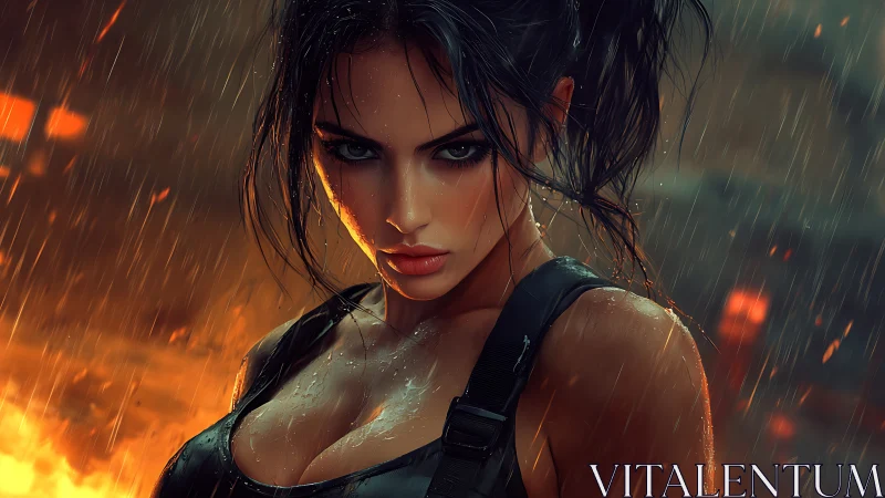 Rain-soaked action heroine rendered in cinematic digital painting