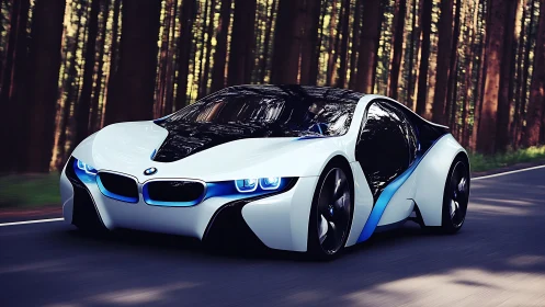 Sleek futuristic sports car glides confidently through forest road