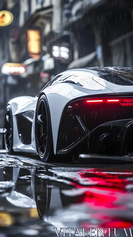 Futuristic hypercar glides through neon-lit rainy streets.