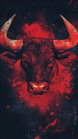 Digital painting of a red bull portrait on dark splatter field.