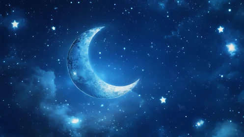 Silver crescent moon drifts softly through glittering midnight