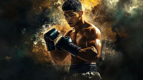 Shirtless athlete wearing black boxing gloves displays aggressive stance with dynamic light.