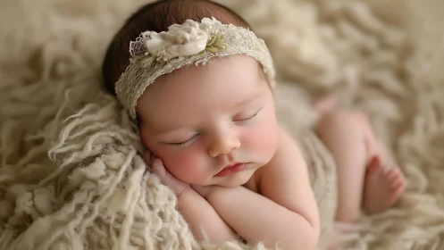 Sleeping newborn with decorative headband on textured surface.