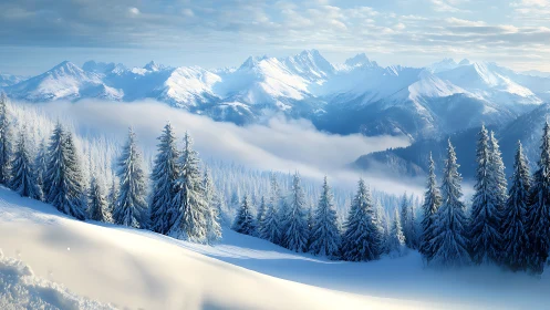 Snow-covered conifer forest extends below distant mountain range