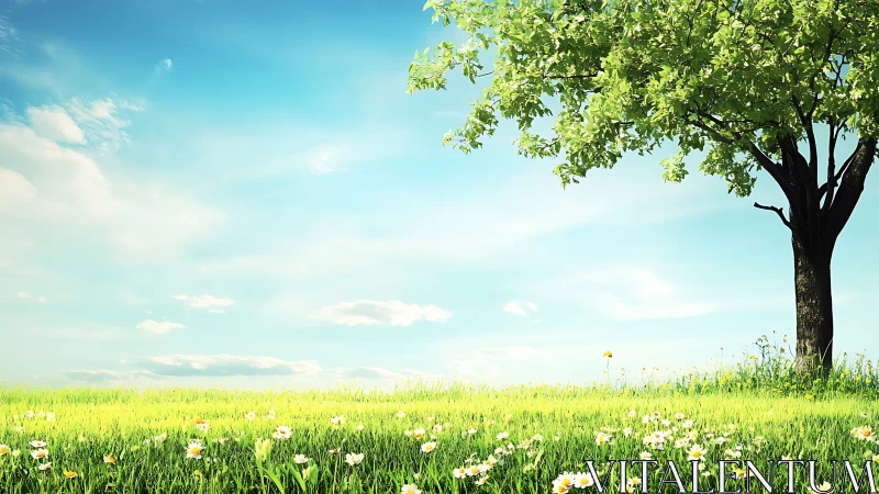 Single tree anchors wide meadow under high-key daylight sky