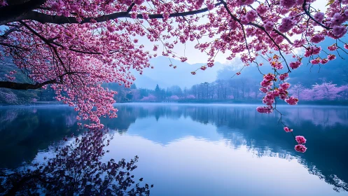 Serene lakeside cherry blossoms mirrored in blue twilight.