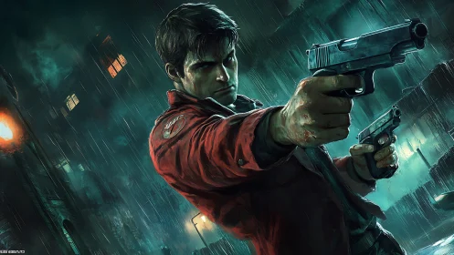 Dynamic digital painting of armed antihero in neon rainstorm.