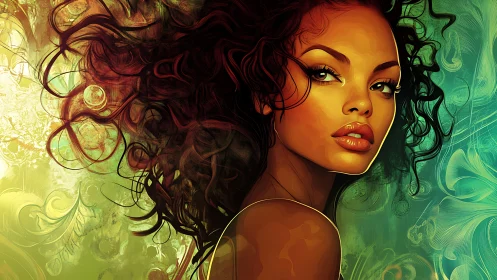 Digital portrait shows woman with curly hair on abstract background