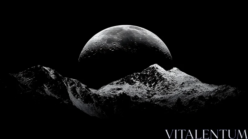 Moonrise over monochrome mountain ridge in deep shadow.