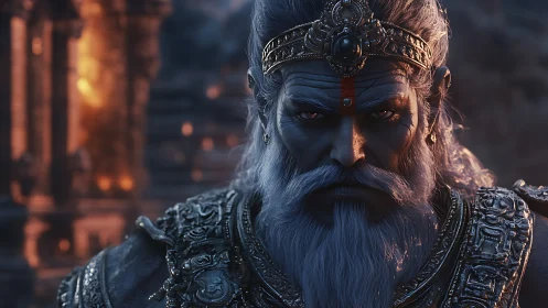 Mythic warrior king in ornate armor under molten light.