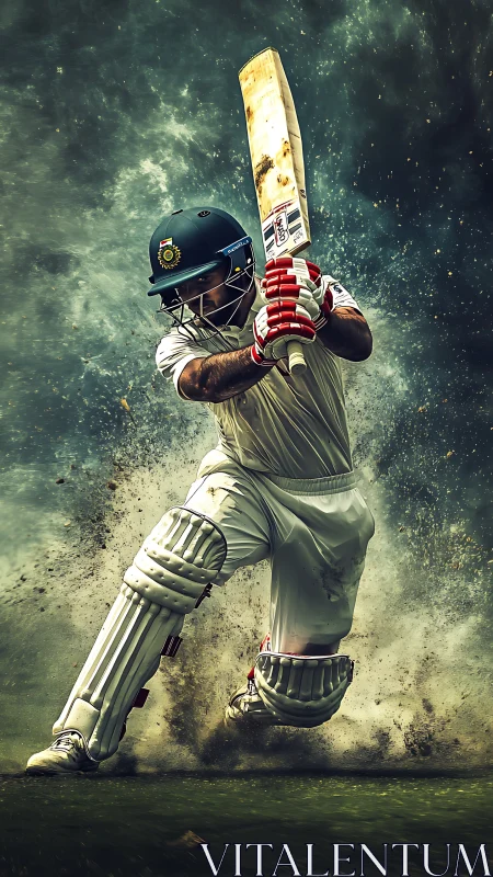 Cricket batsman drives through dust in dynamic digital render.