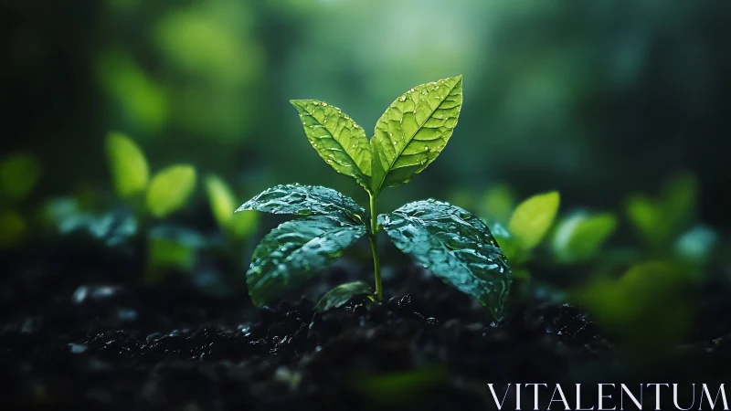 Dewlit seedling rises from velvet soil in forest hush.