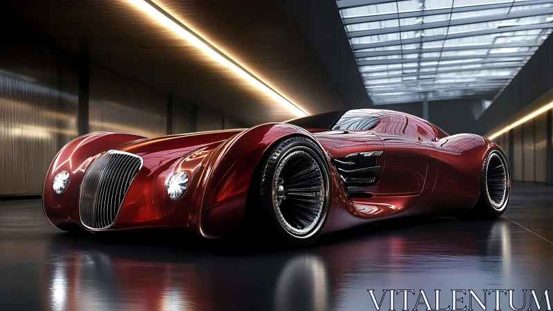 Crimson retro-futurist supercar basking in gallery light.