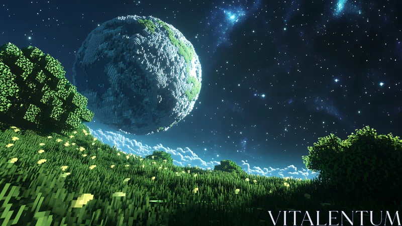 Voxel planet hovering above luminous meadow under stars.