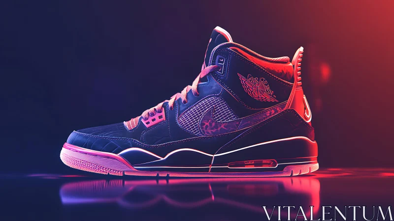 Neon-lit basketball sneaker profile in dual tone vaporwave lighting.