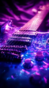 Electric guitar neck glows in neon purple stage light.
