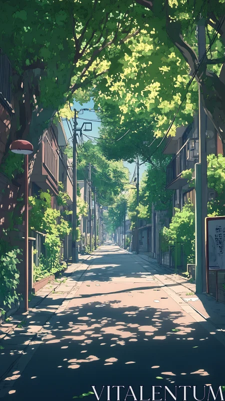 Tree lined urban alley in warm midday sunlight.