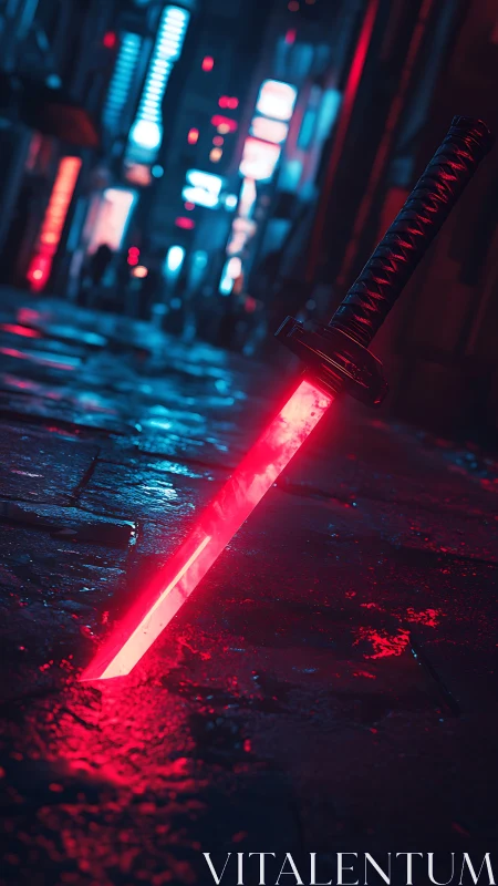 Neon-illuminated katana embedded in rain-slick cyber alleyway.