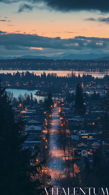 Residential street and lake at dusk with distant mountains.
