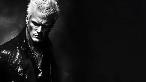 High-contrast monochrome punk portrait with specular leather.