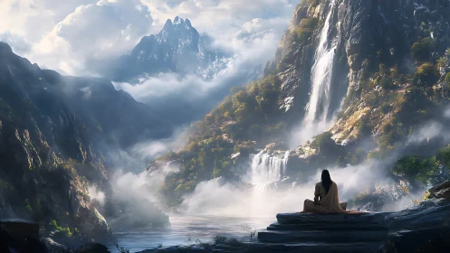 Digital painting of serene mountain cascades and lone figure.