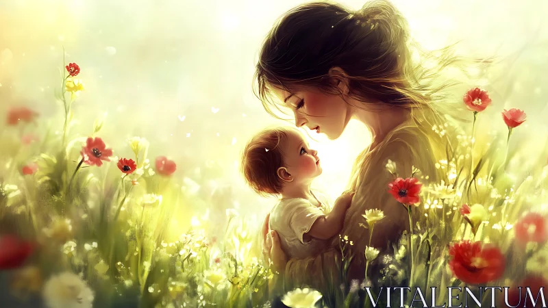 Digital Illustration of Mother and Child in Golden Hour Meadow Environment