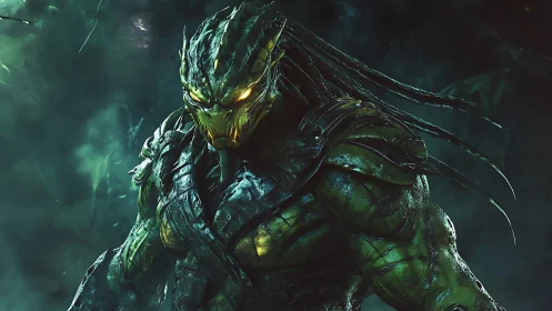 Bioluminescent reptilian warrior in misted jungle environment