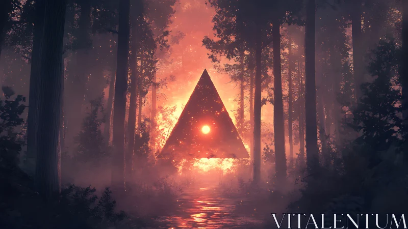 Glowing triangular portal burns through misty forest dusk.