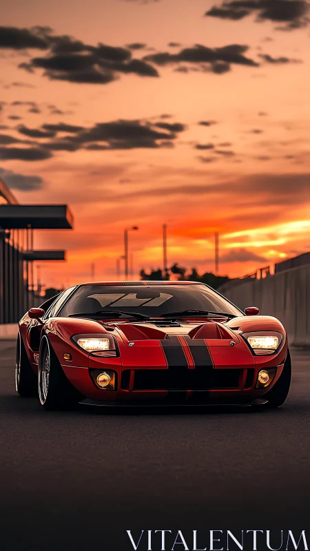 Low-angle sunset portrait of red GT sports car with stripes