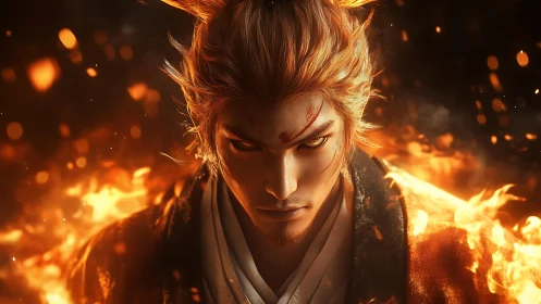 Firelit samurai portrait with ember particles and intense gaze