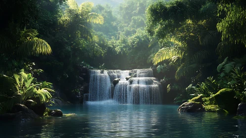 Lush jungle waterfall pours into calm turquoise lagoon.
