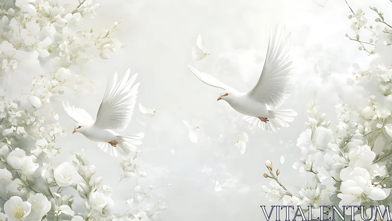 Digital painting of white doves in ethereal floral symmetry.