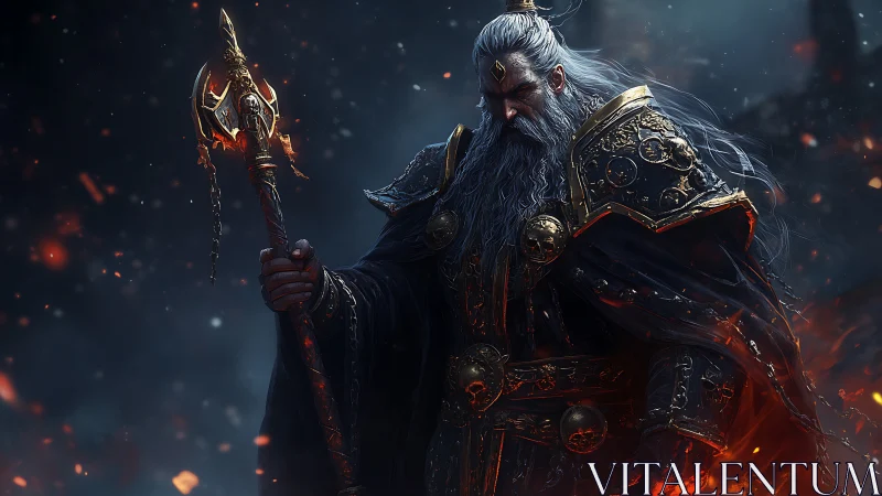 Elder war mage grips ornate staff amid drifting embers