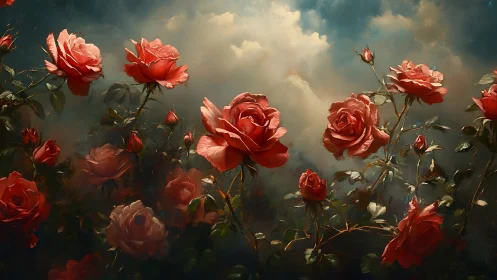 Red Roses Bloom Against Dramatic Cloudscape. Oil Painting.