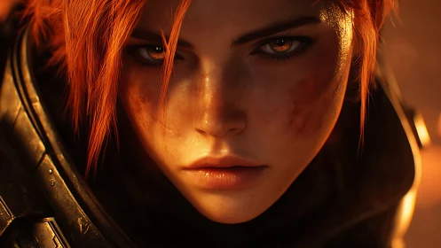 Cinematic close-up of battle-scarred warrior heroine portrait.