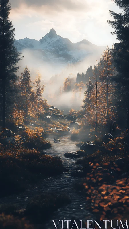 Foggy alpine river flows through dense autumn forest