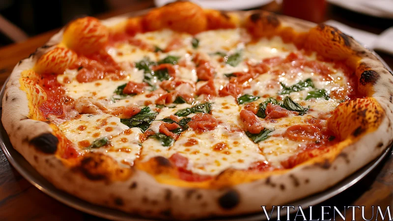 Neapolitan pizza close-up with melted cheese and basil glow.